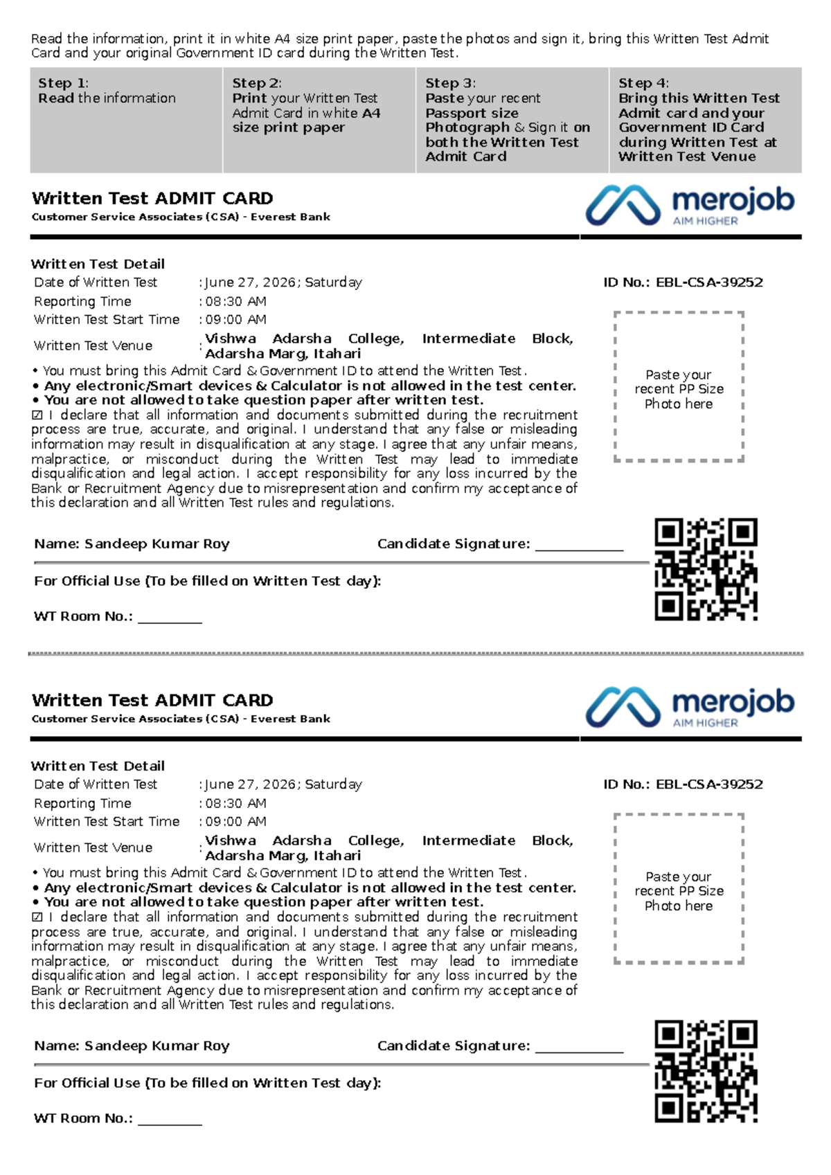 Admit Card for Written Test - CSA 185996 - Everest Bank - Studocu