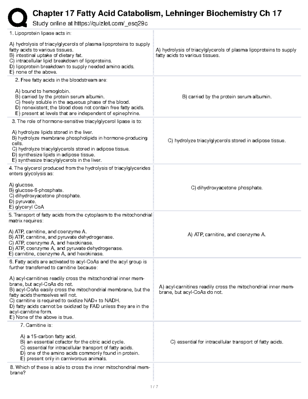 Ch17 Final Quizlet Table on Fatty Acid Metabolism - Studocu