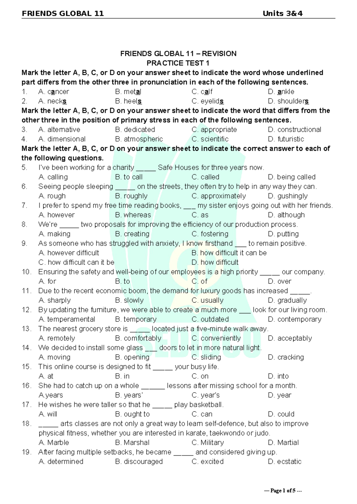 Tieng Anh 11 Friends Global - Unit 3&4 - Practice Test 1 - Studocu