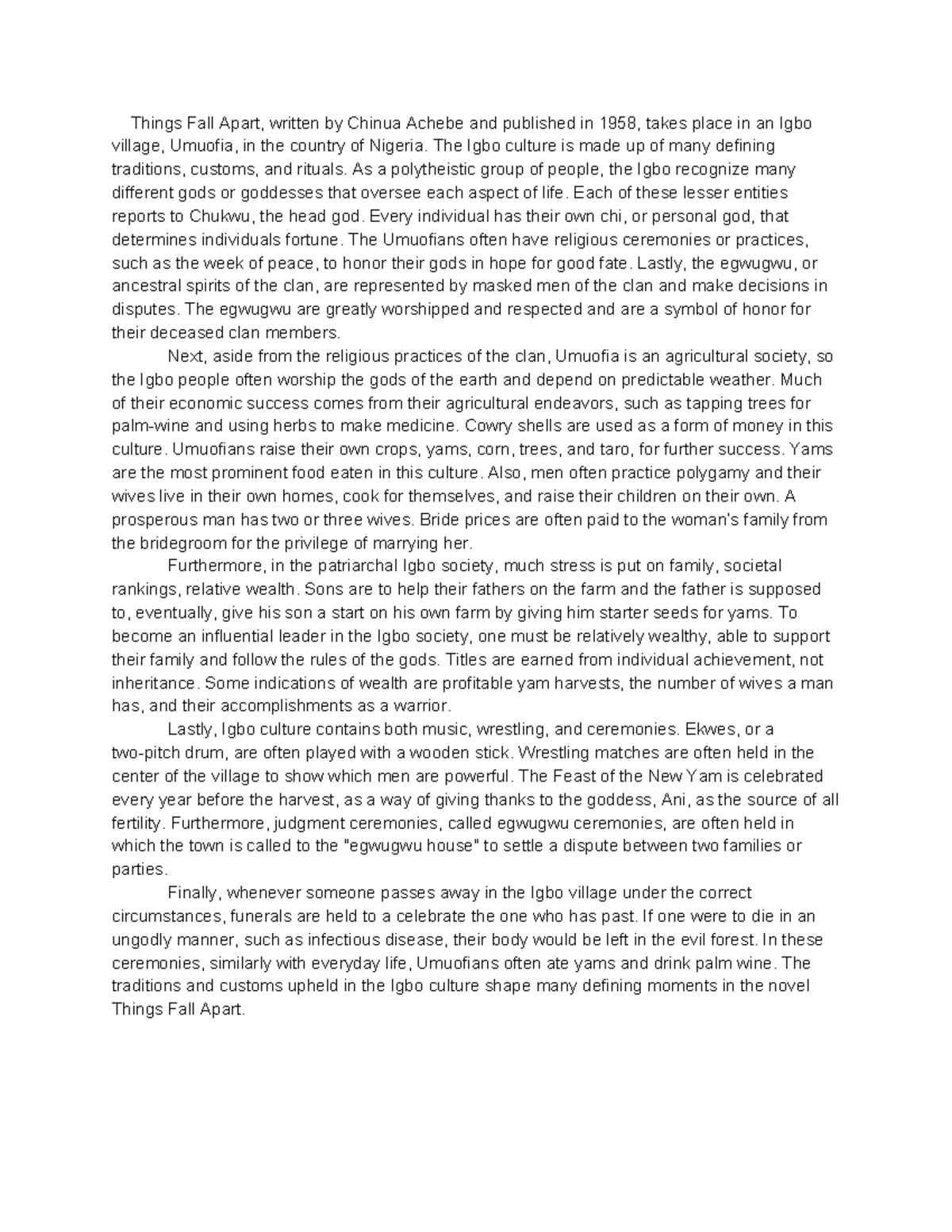 Things Fall Apart Essay - Things Fall Apart, written by Chinua Achebe ...