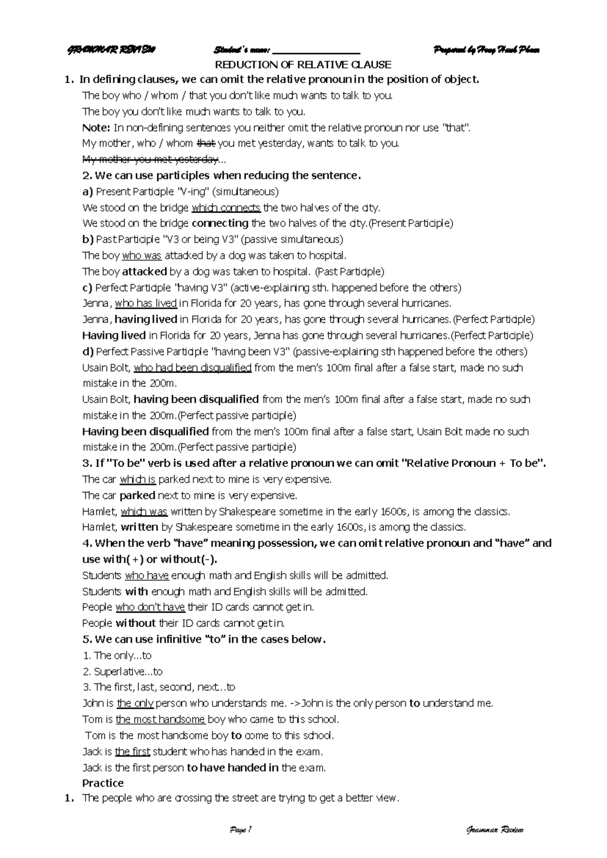 Grammar Review - Reduction of Relative Clauses and More (ENG 101) - Studocu