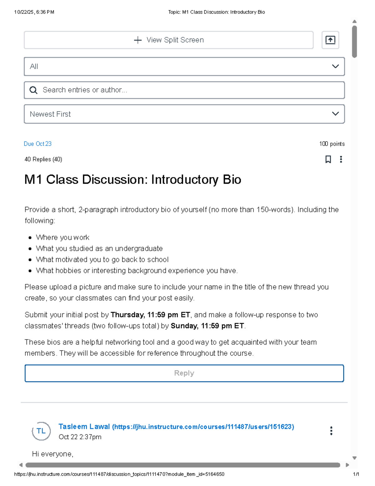 M1 Class Discussion: Introductory Bio Submission Guidelines - Studocu