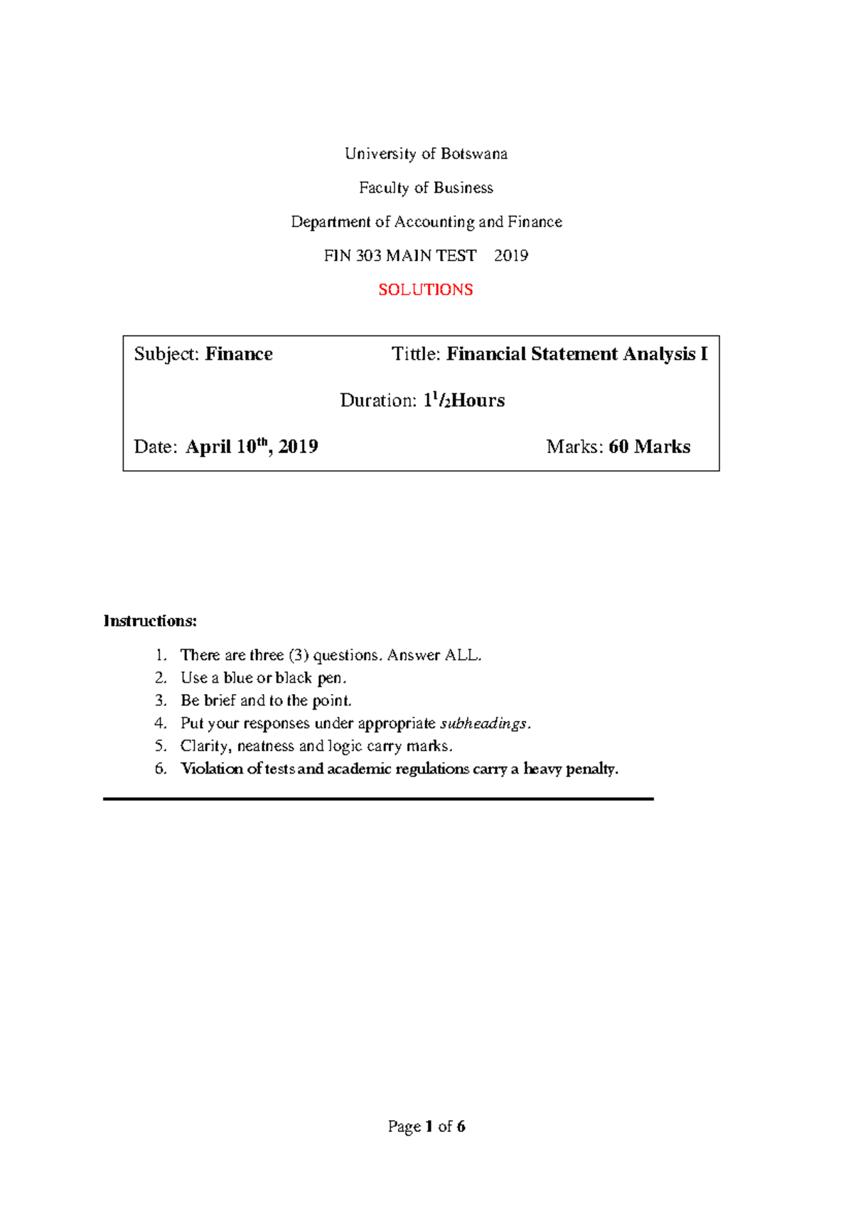 FIN 303 MAIN TEST 2019: Financial Statement Analysis Solutions - Studocu