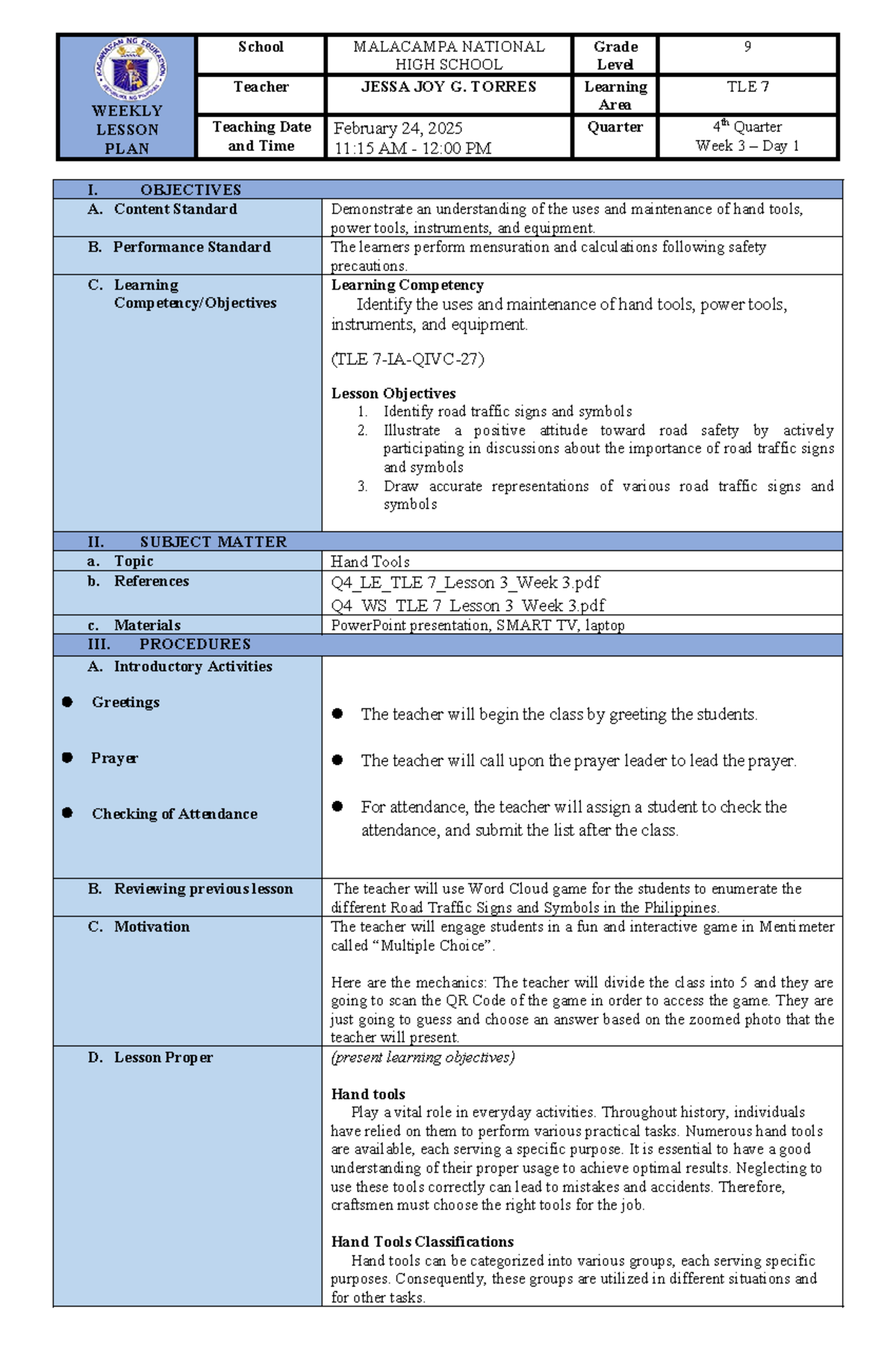 Rexell-DLP TLE 7 WEEK 3 Lesson Plan: Hand Tools & Safety Practices ...