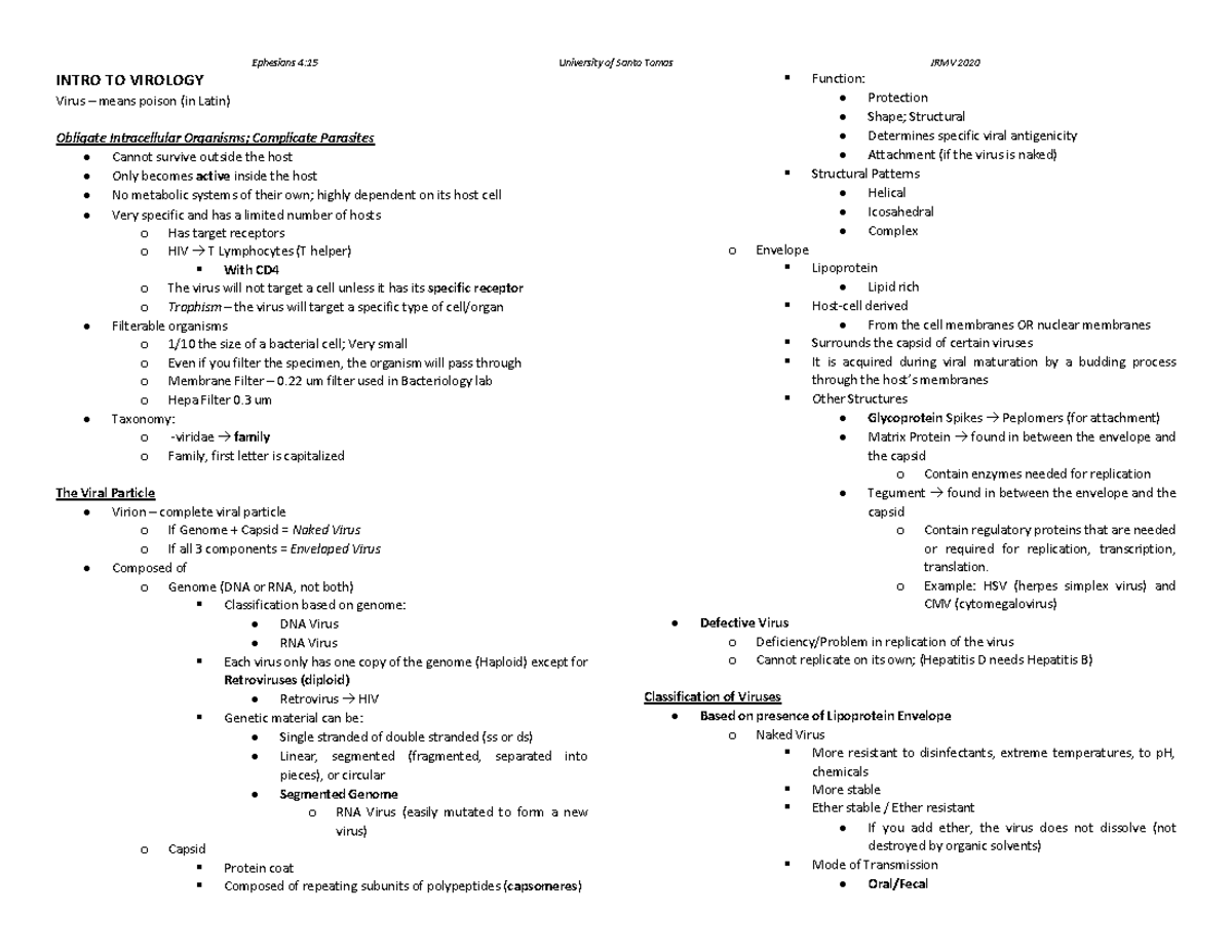 Intro to Virology: Key Concepts and Viruses Overview (VIRO 101) - Studocu