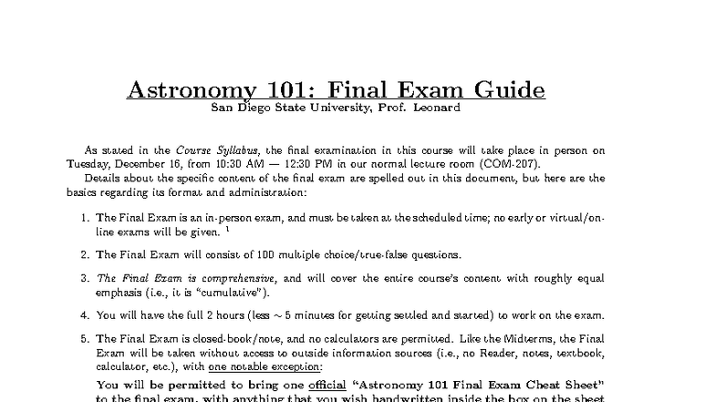 Astronomy 101: Final Exam Study Guide - SDSU, Prof. Leonard - Studocu