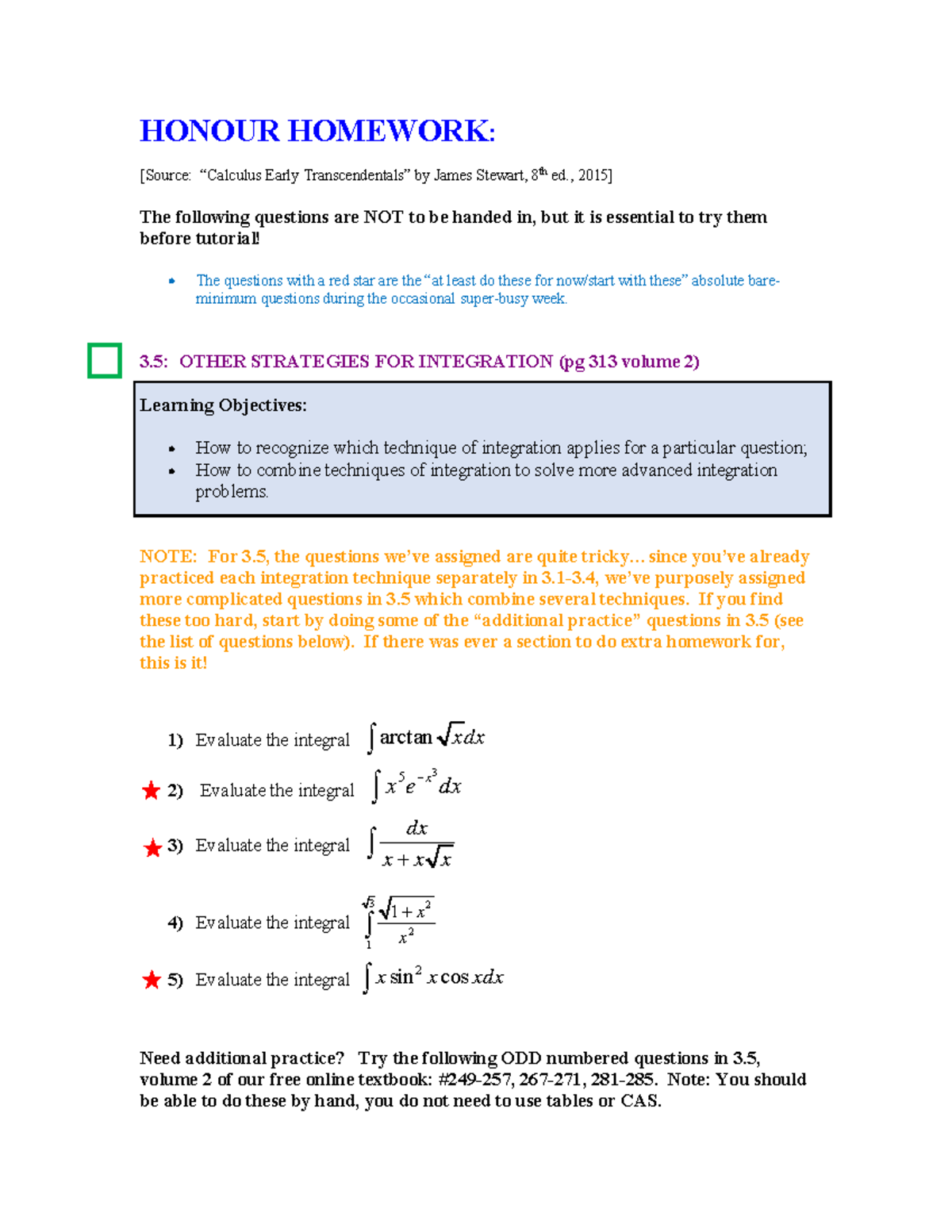 HONOUR HOMEWORK: Integration Techniques & Numerical Methods (MATH 3.5 ...