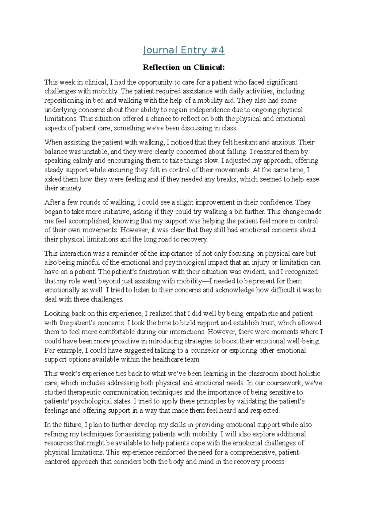 Journal Entry 4 - PSW Clinical Reflection on Patient Mobility Care ...