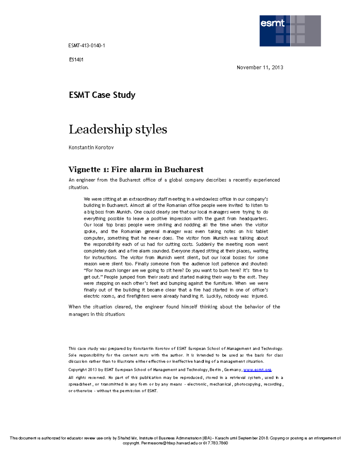 ESMT 413 - Leadership Styles Case Study: Insights and Vignettes - Studocu