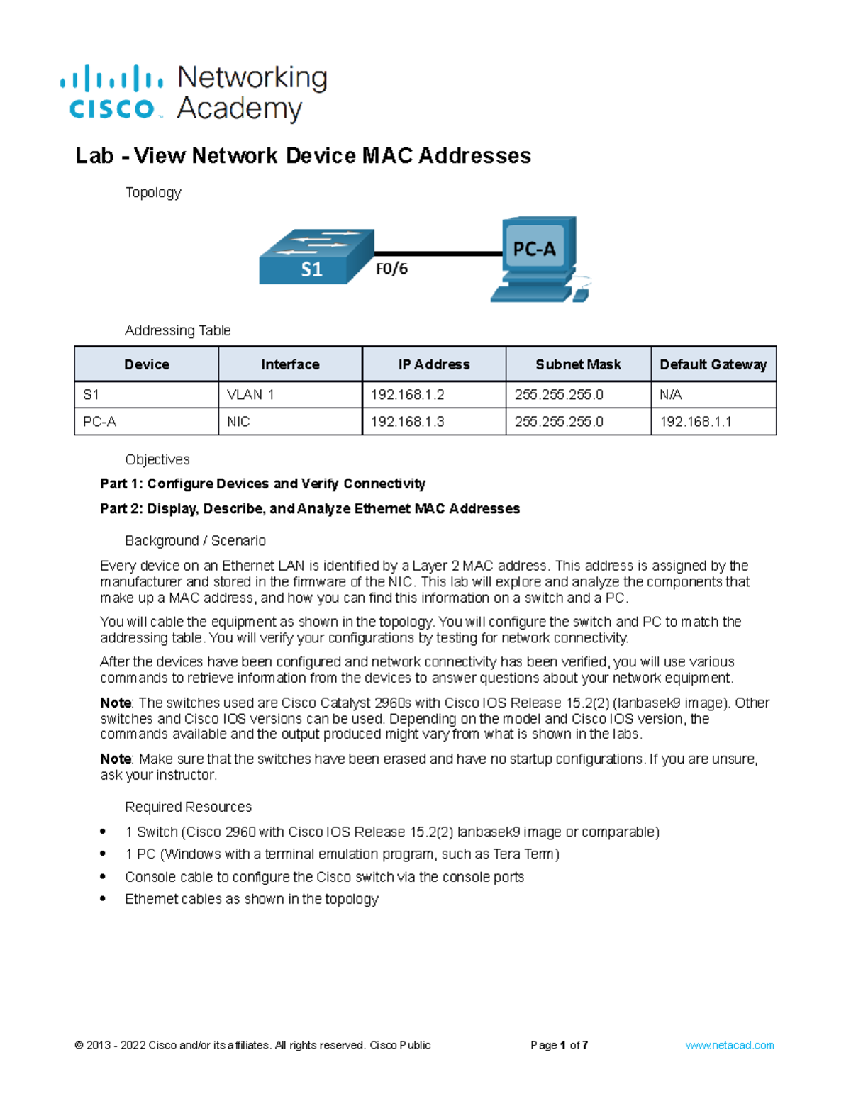 Lab 3a - View Network Device MAC Addresses - Topology Addressing Table ...