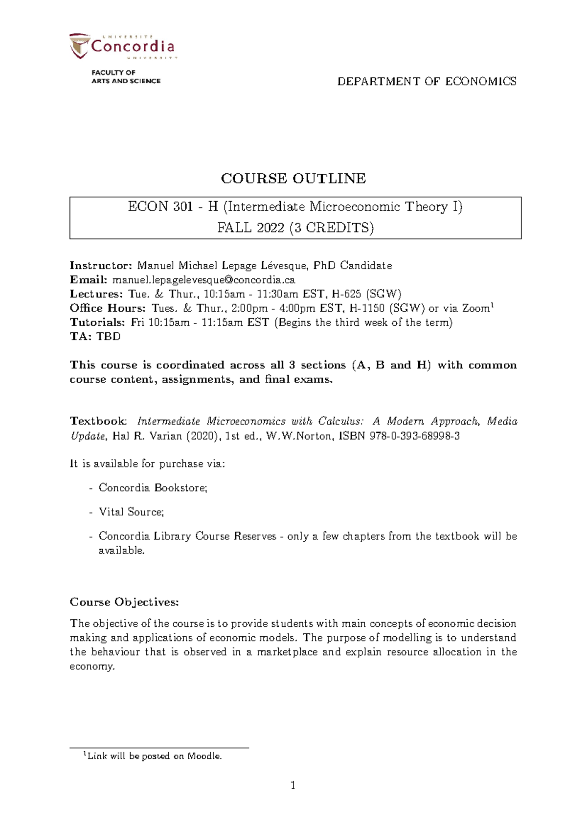 Econ 301 - H Intermediate Microeconomics Course Outline Fall 2022 - Studocu