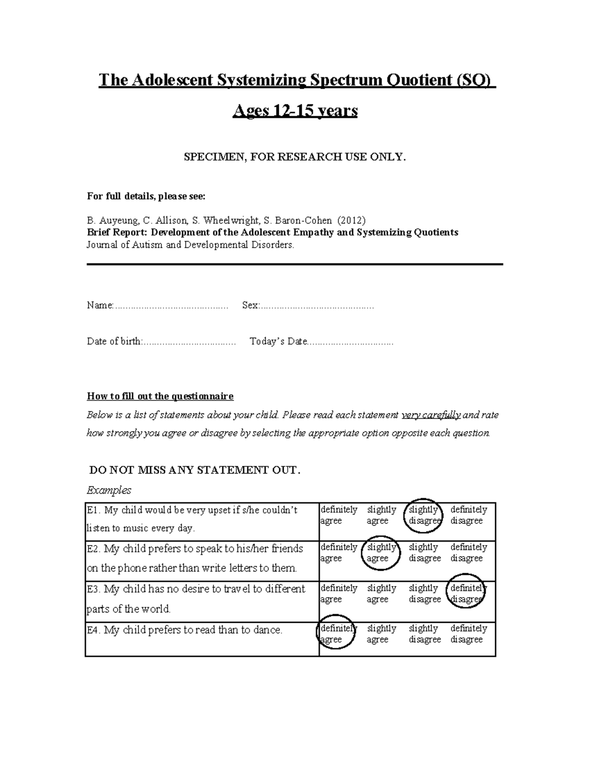 Adolescent Systemizing Quotient (SQ) Questionnaire - Research Use Only ...
