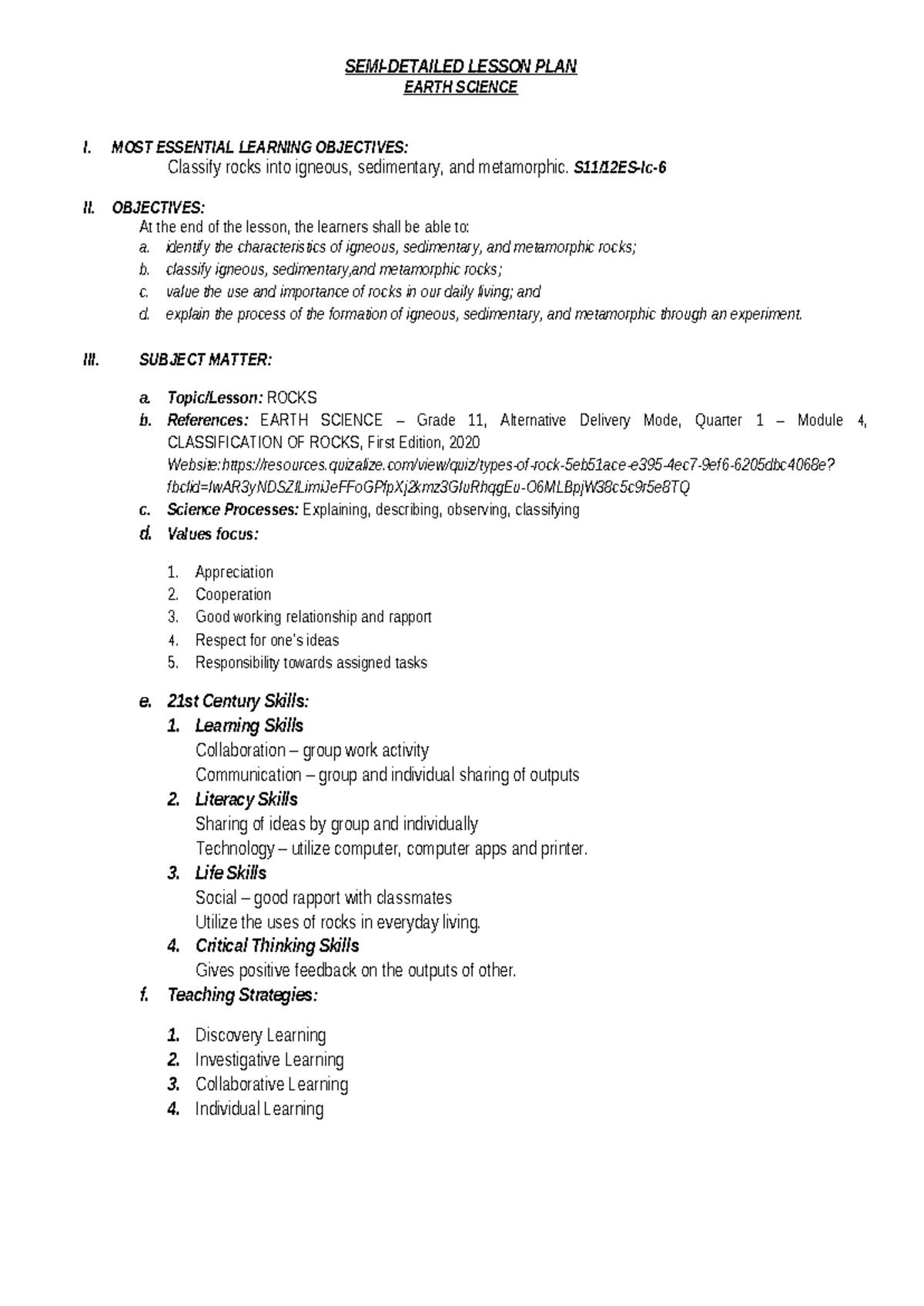 Cot1 lp earthsci - Semi-Detailed Lesson Plan on Rocks - Studocu