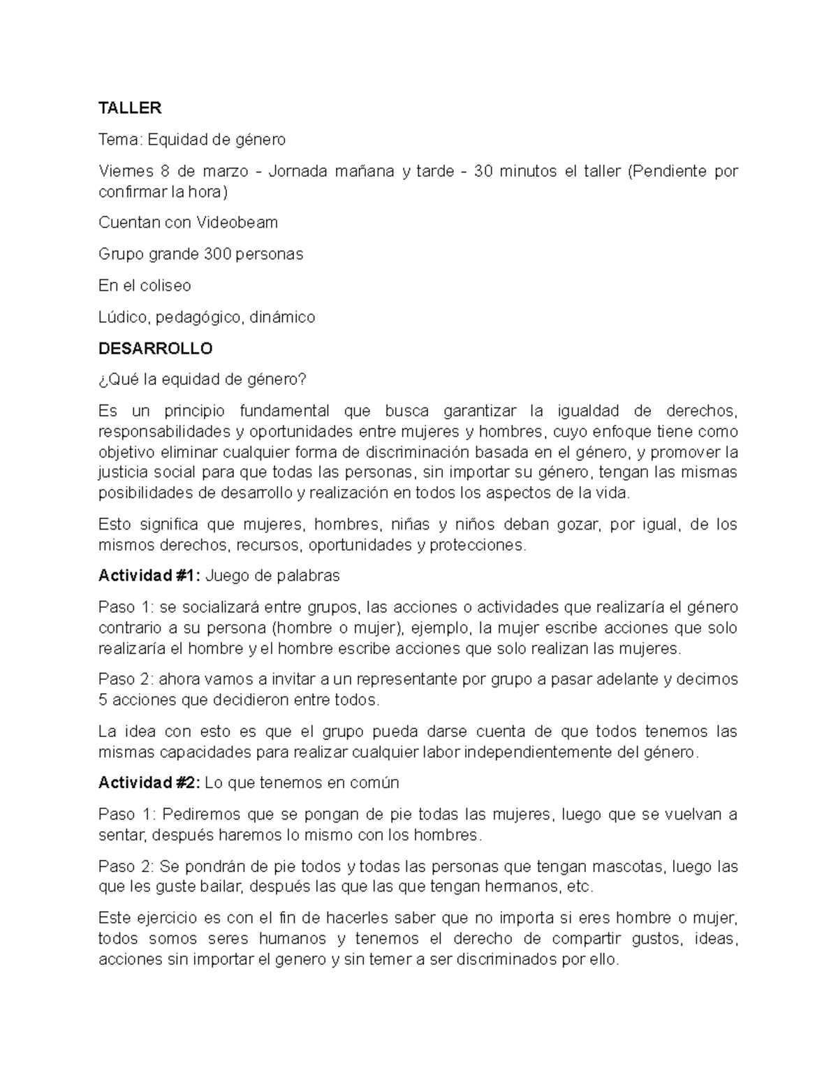 Taller sobre Equidad de Género: Actividades y Reflexiones - Document Preview