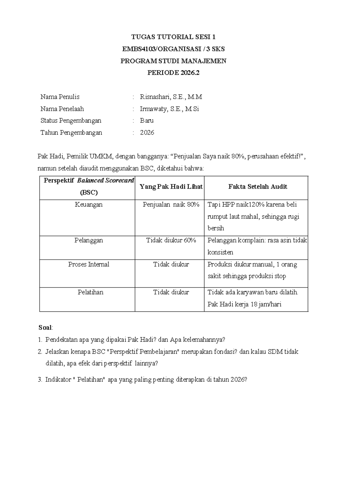TUGAS TUTORIAL 1 3 SKS MANAJEMEN BSC & AUDIT 2026.2 - Studocu