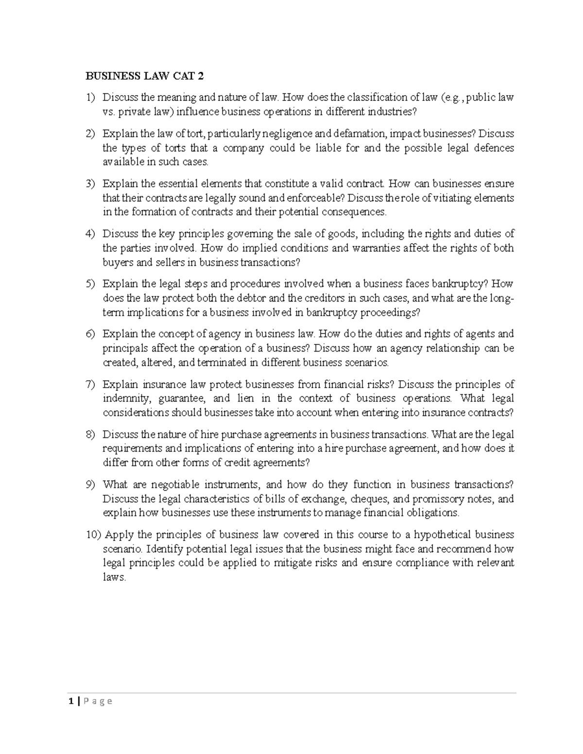 Business Law CAT 2: Key Concepts and Applications in Business ...