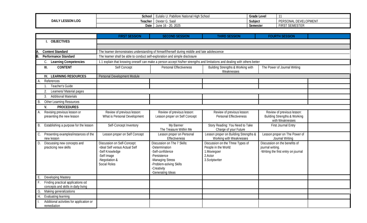 DAILY LESSON LOG: PERSONAL DEVELOPMENT (Grade 11, 1st Sem) - Studocu