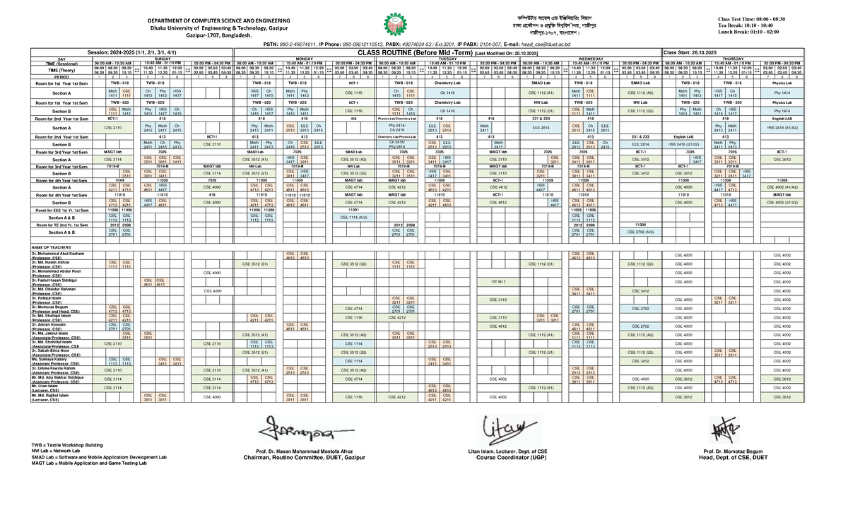 CSE 2024-2025 Odd Sem Class Routine Draft (20 Oct) - Studocu