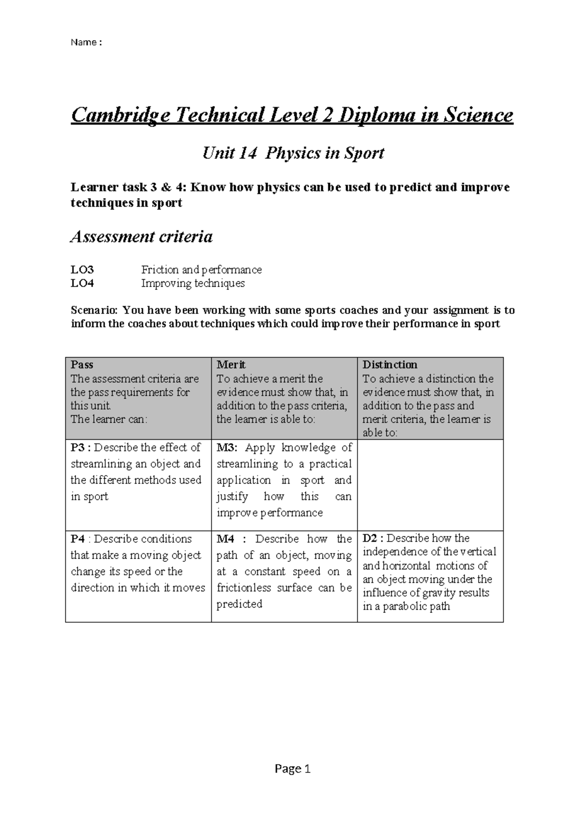 Cambridge Technical Level 2 Diploma in Science Unit 14: Physics in ...