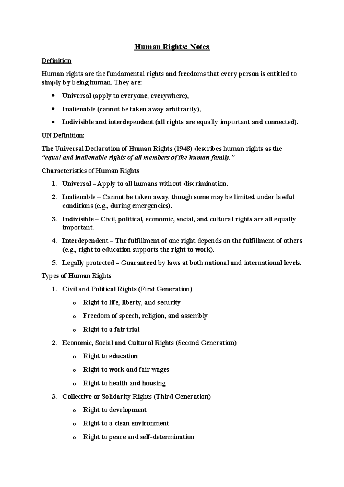 Human Rights: Comprehensive Notes on Definitions and Classifications ...