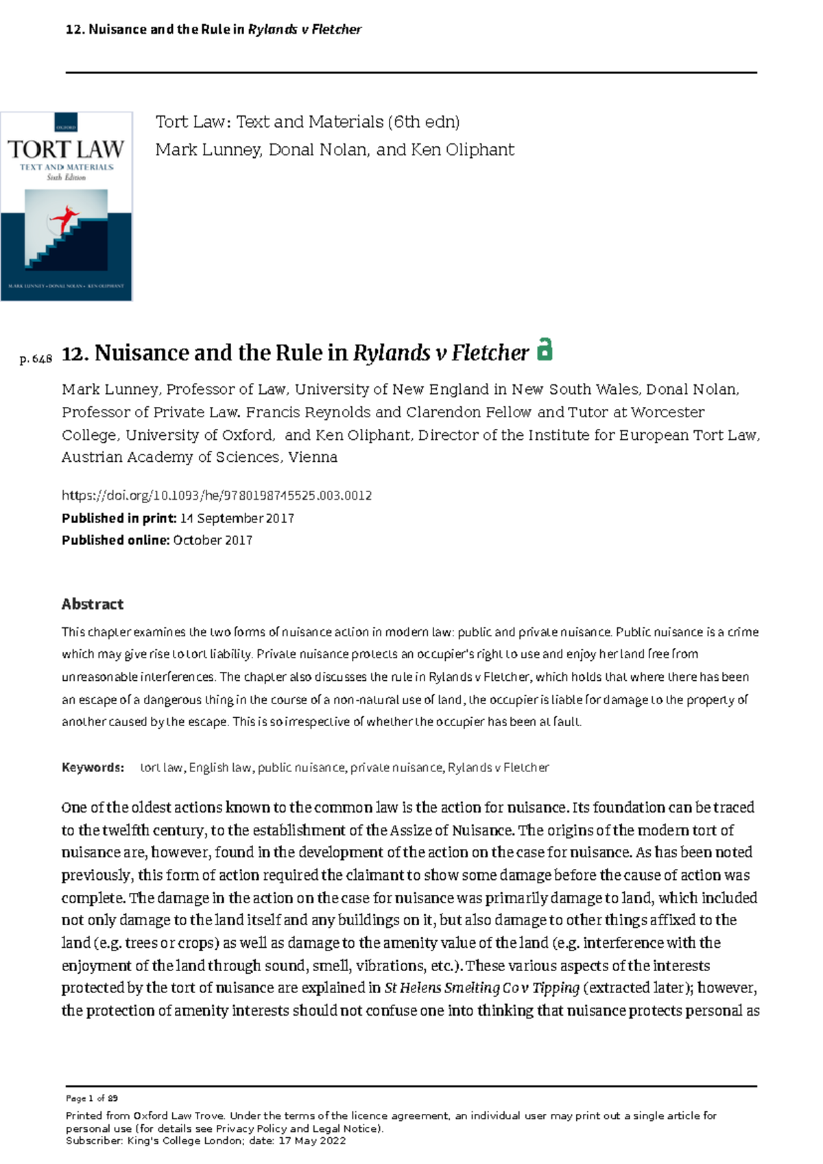 Nuisance and Rylands v Fletcher in Tort Law: A Detailed Analysis - Studocu