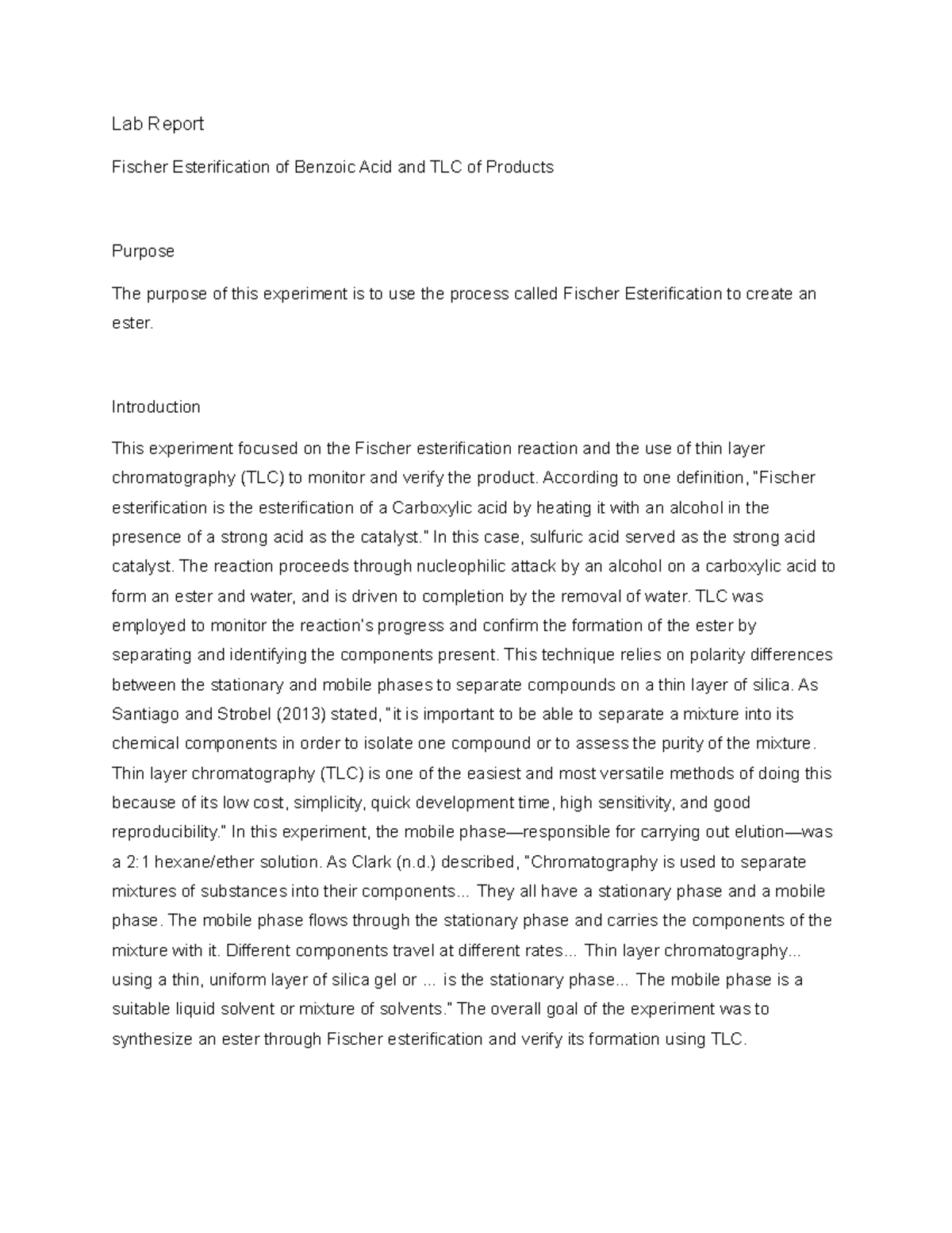 Lab Report: Fischer Esterification of Benzoic Acid & TLC Analysis - Studocu