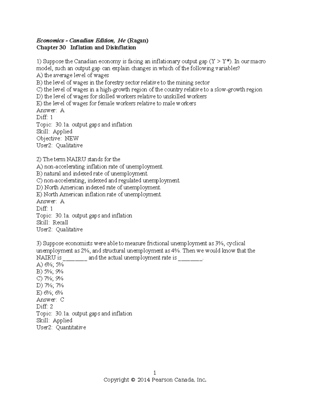 Economics 14e (Ragan) Chapter 30: Inflation & Disinflation Questions ...