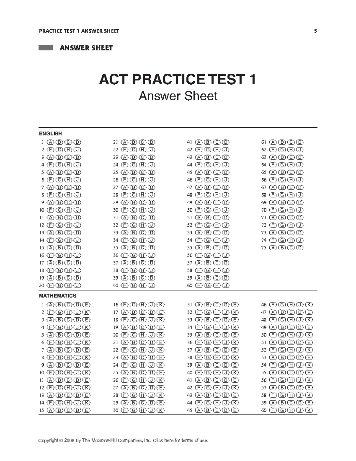 ACT 1 - act - PRACTICE TEST 1 ANSWER SHEET 5 ANSWER SHEET ACT PRACTICE ...