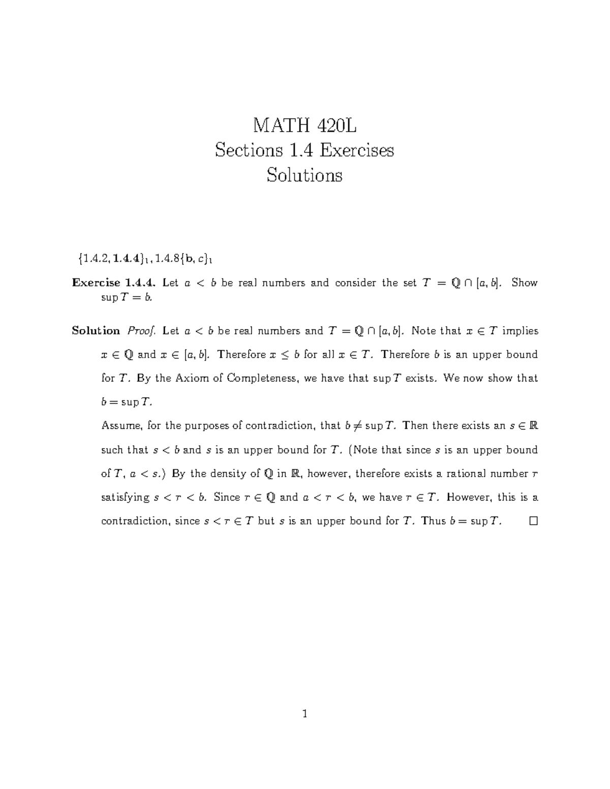 MATH 420L Chapter 1.4 Solutions: Exercises & Proofs - Studocu