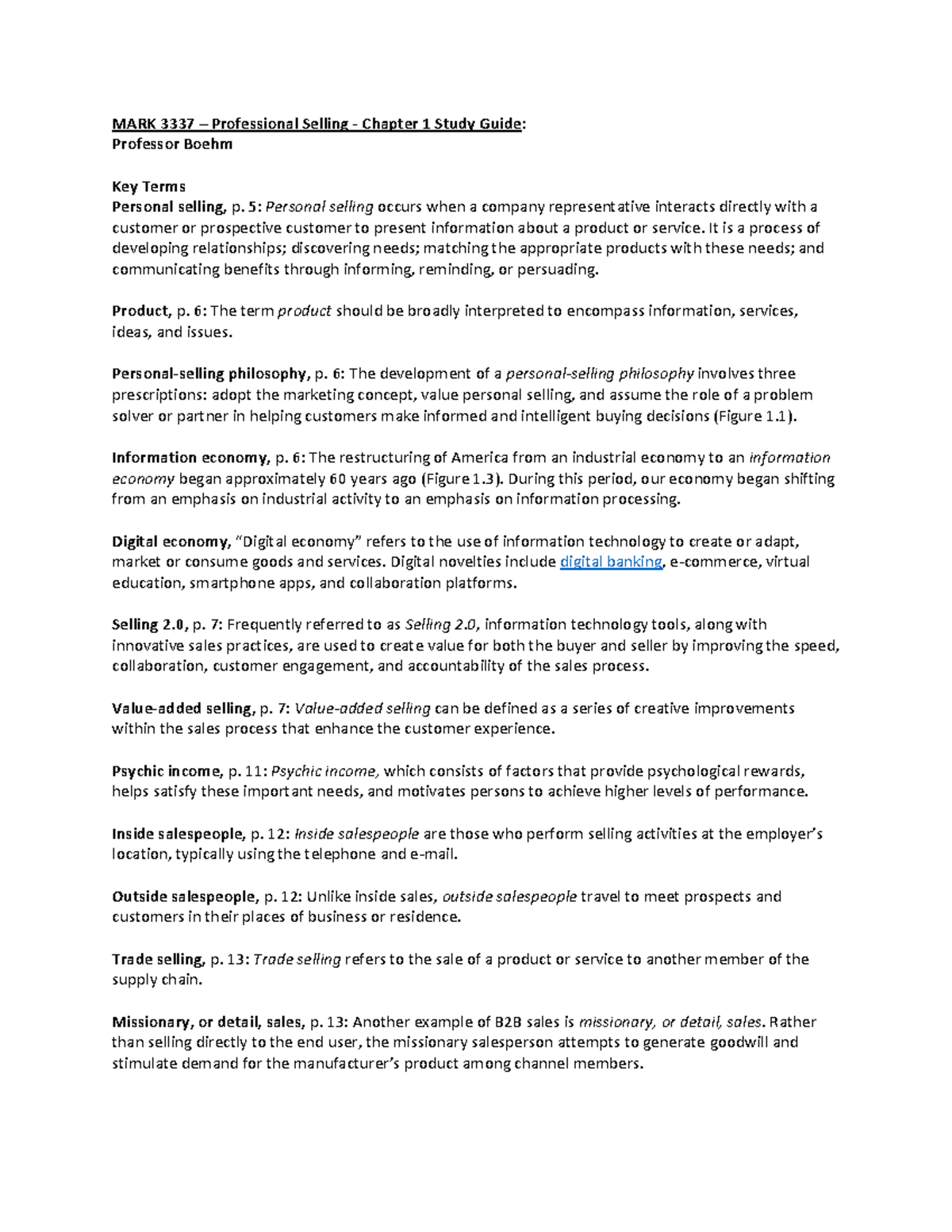MARK 3337 - Professional Selling: Chapter 1 Study Guide & Key Terms ...