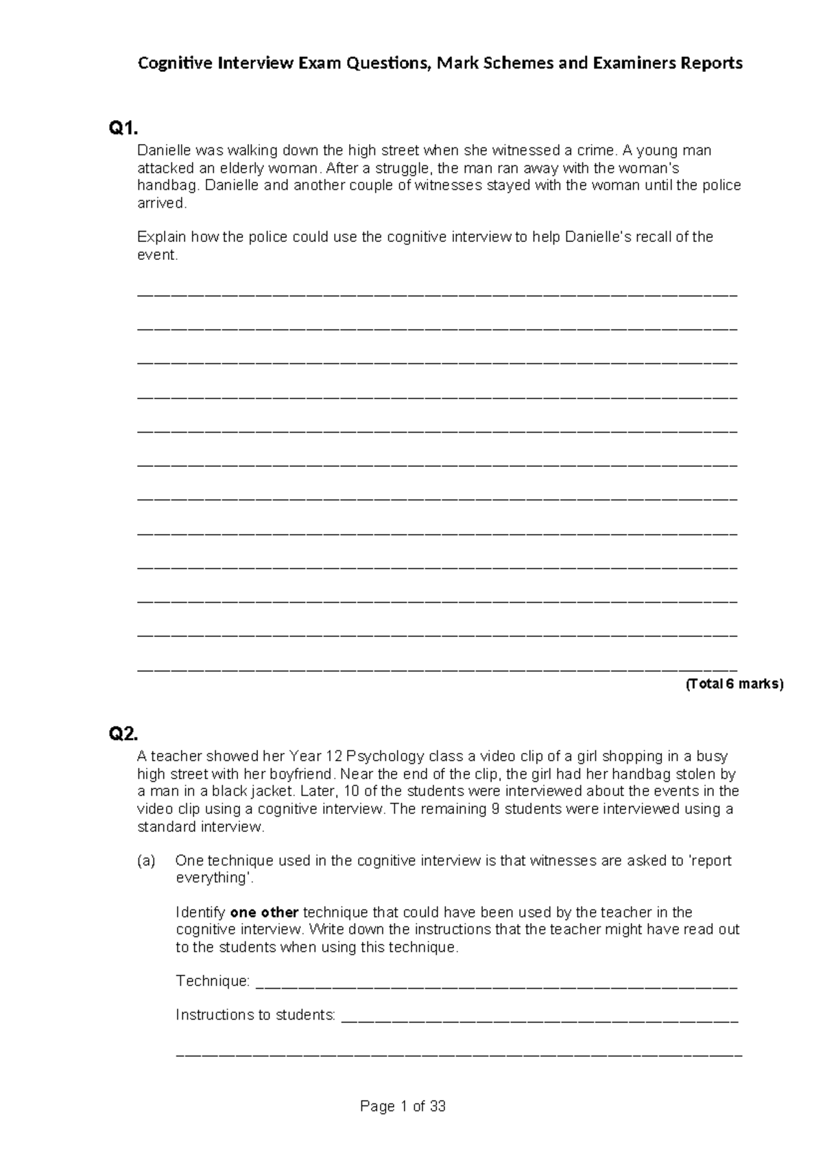 Cognitive Interview: Exam Questions & Mark Schemes for Psychology ...