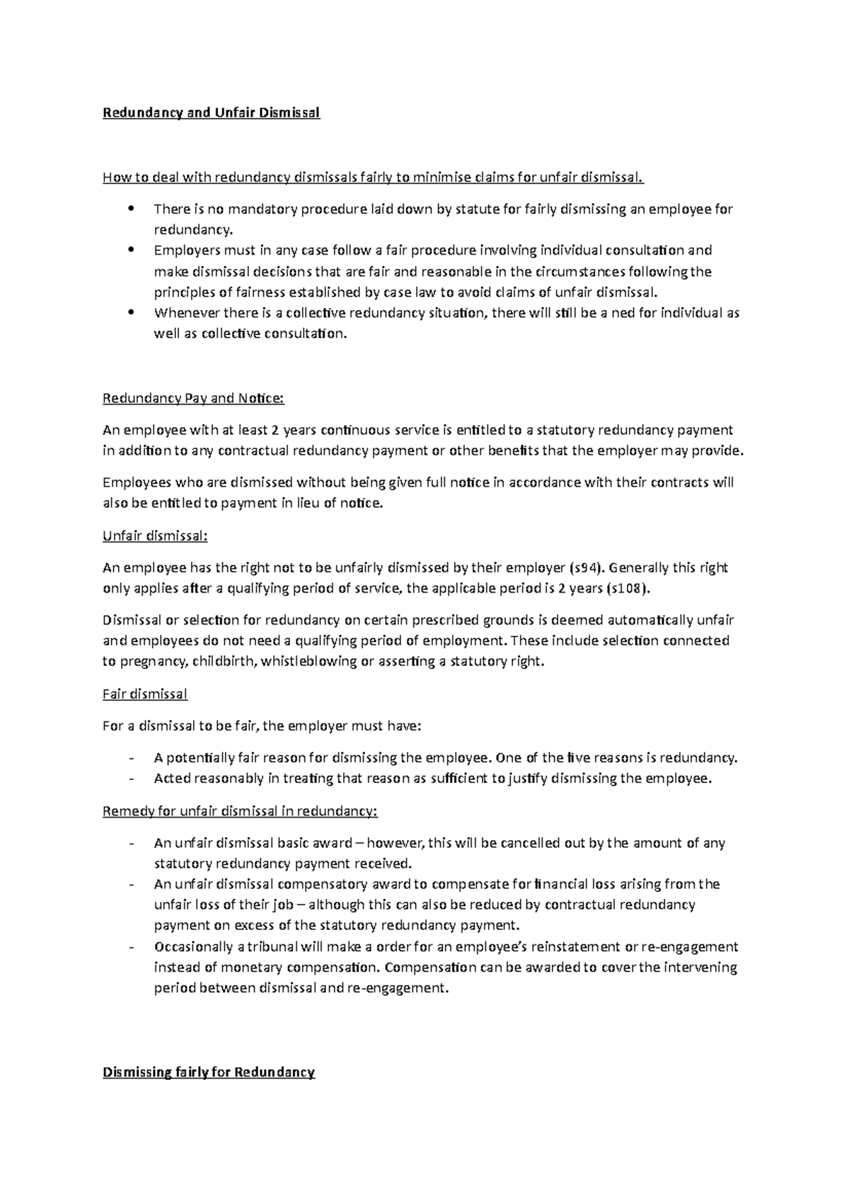 PSL Redundancy Case Study - Key Notes on Fair Dismissal - Studocu
