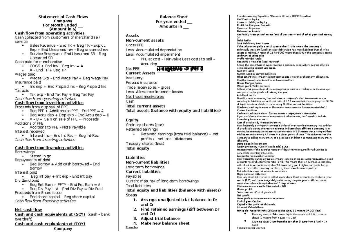 Accounting 1702 Cheat Sheet - Statement of Cash Flows Company For Month ...
