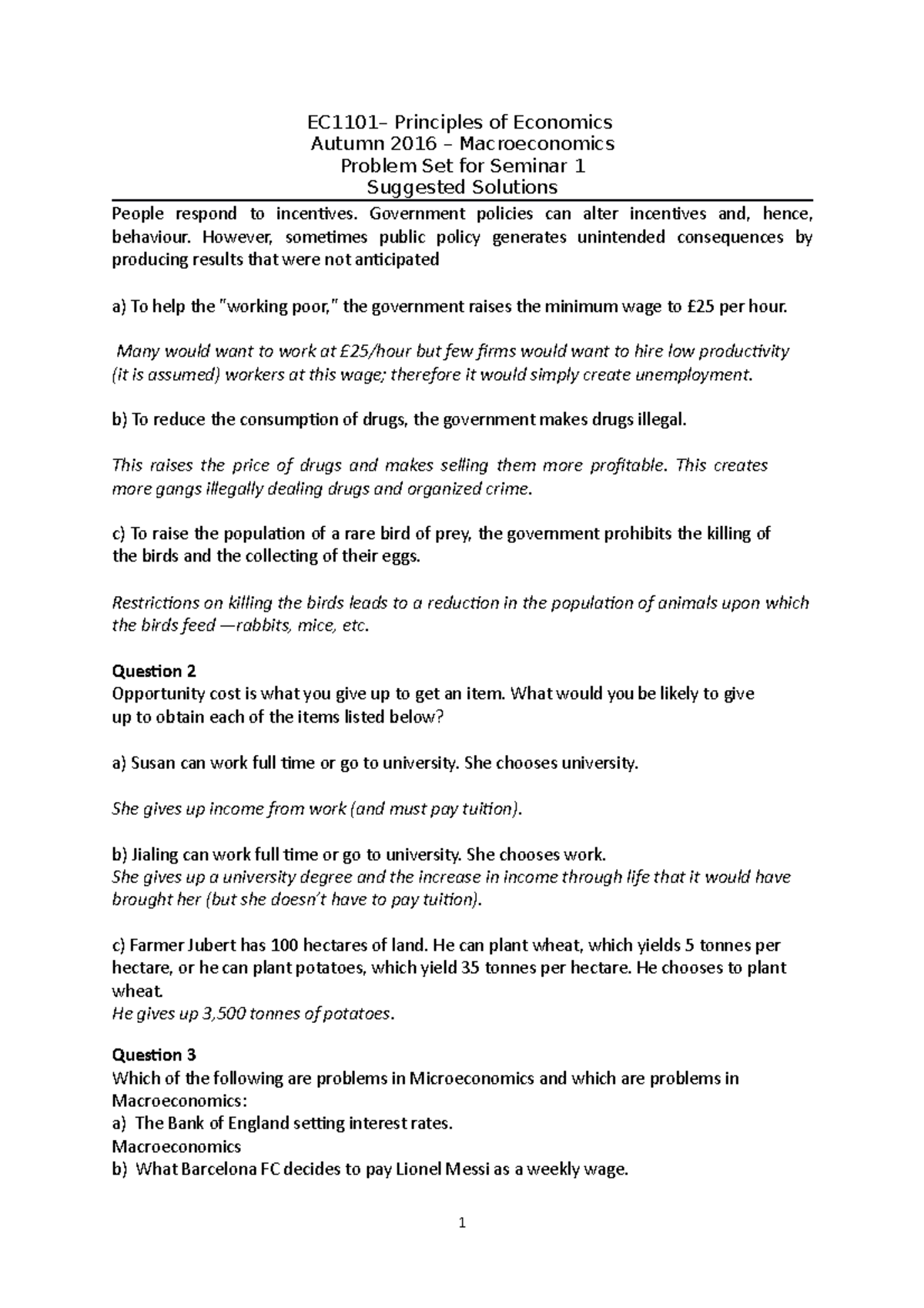 EC1101 PS 1 - Solutions - Seminar Problem Set Solution - EC1101 ...