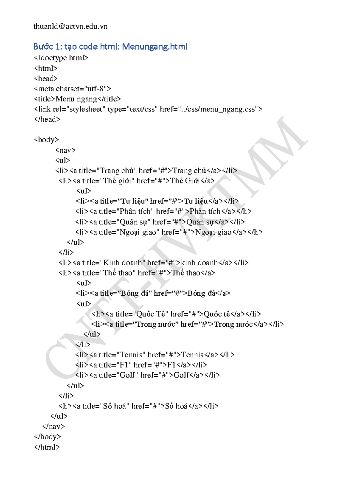 Tạo Menu Ngang HTML + CSS cho Dự Án Web: Bước 1-3 - Studocu