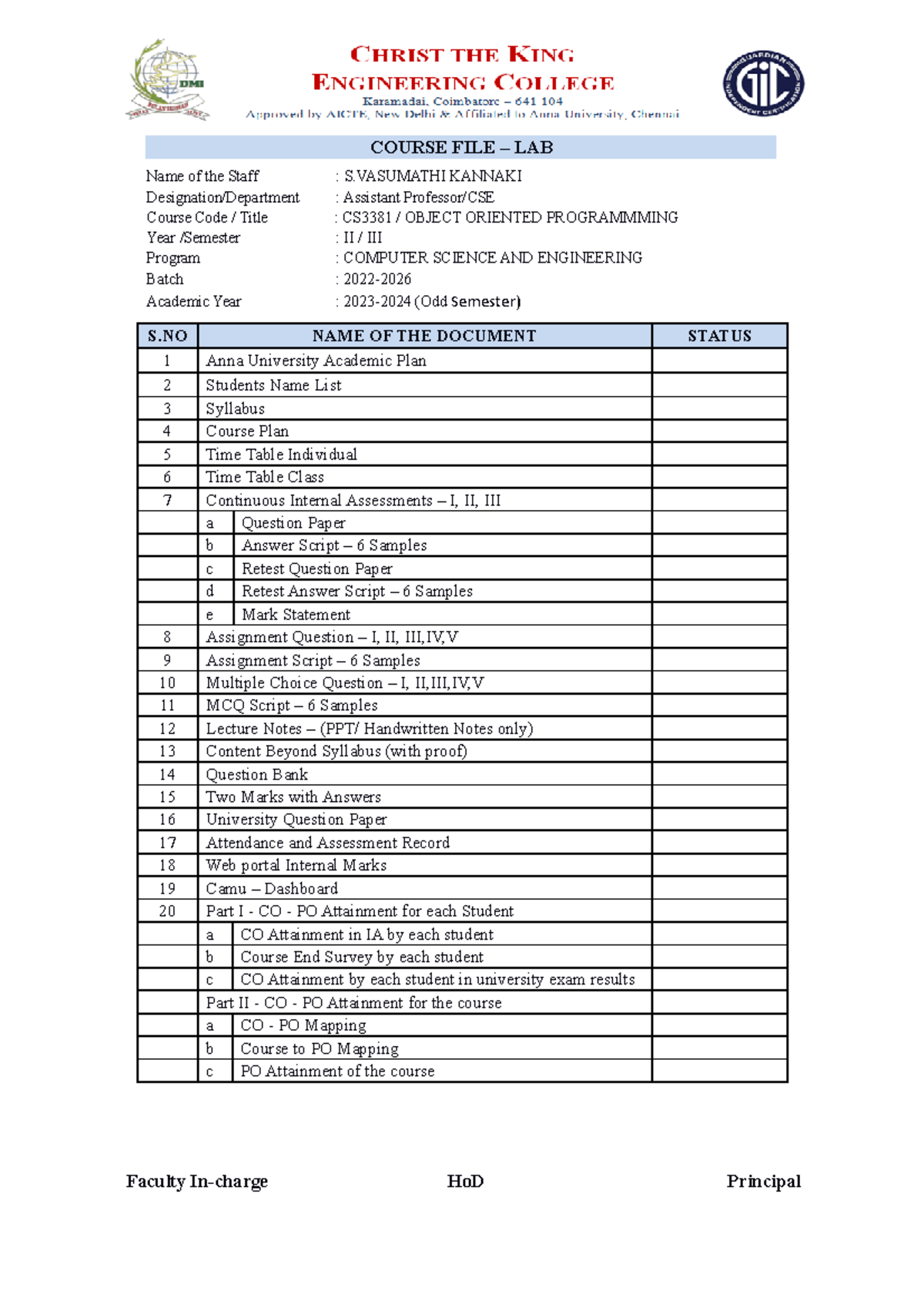 CS3381 OOP Lab Course File Contents for Academic Year 2023-2024 - Studocu