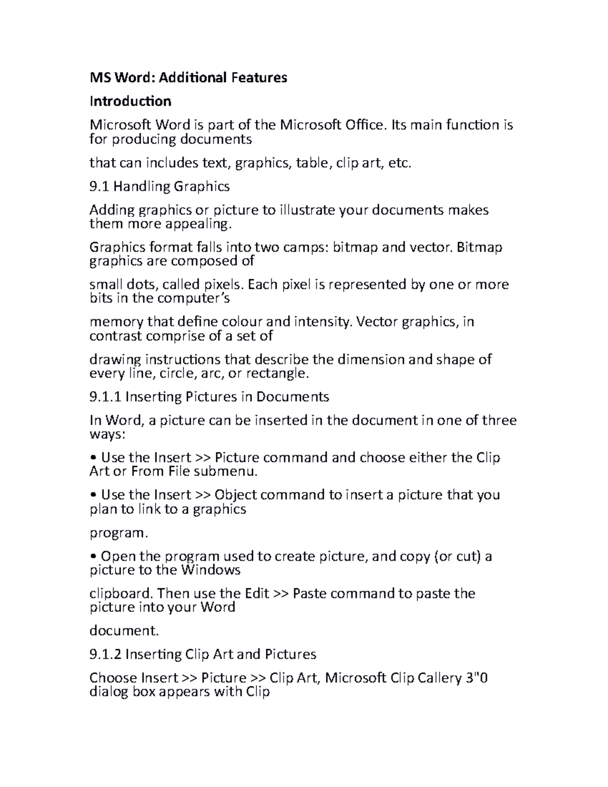 MS Word Additional Features: Comprehensive Notes on Graphics ...