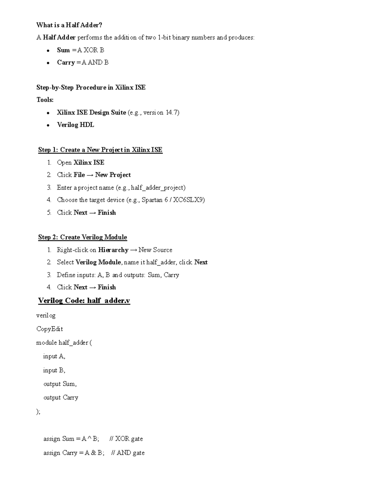 Half Adder - LAB Guide for Xilinx ISE Design Suite - Studocu