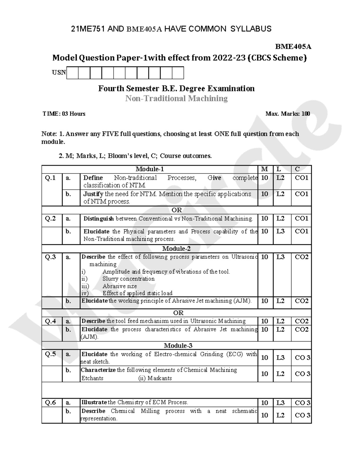 BME405A Model Question Paper Set 1 & 2 for 4th Sem B.E. Exam - Studocu