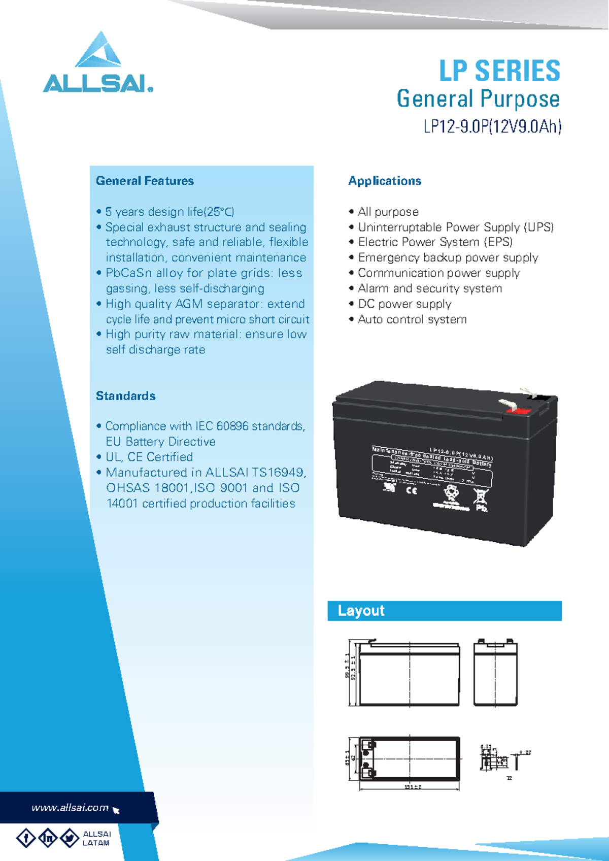 ALLSAI LP12-9 AGM Battery General Features and Specifications - Studocu