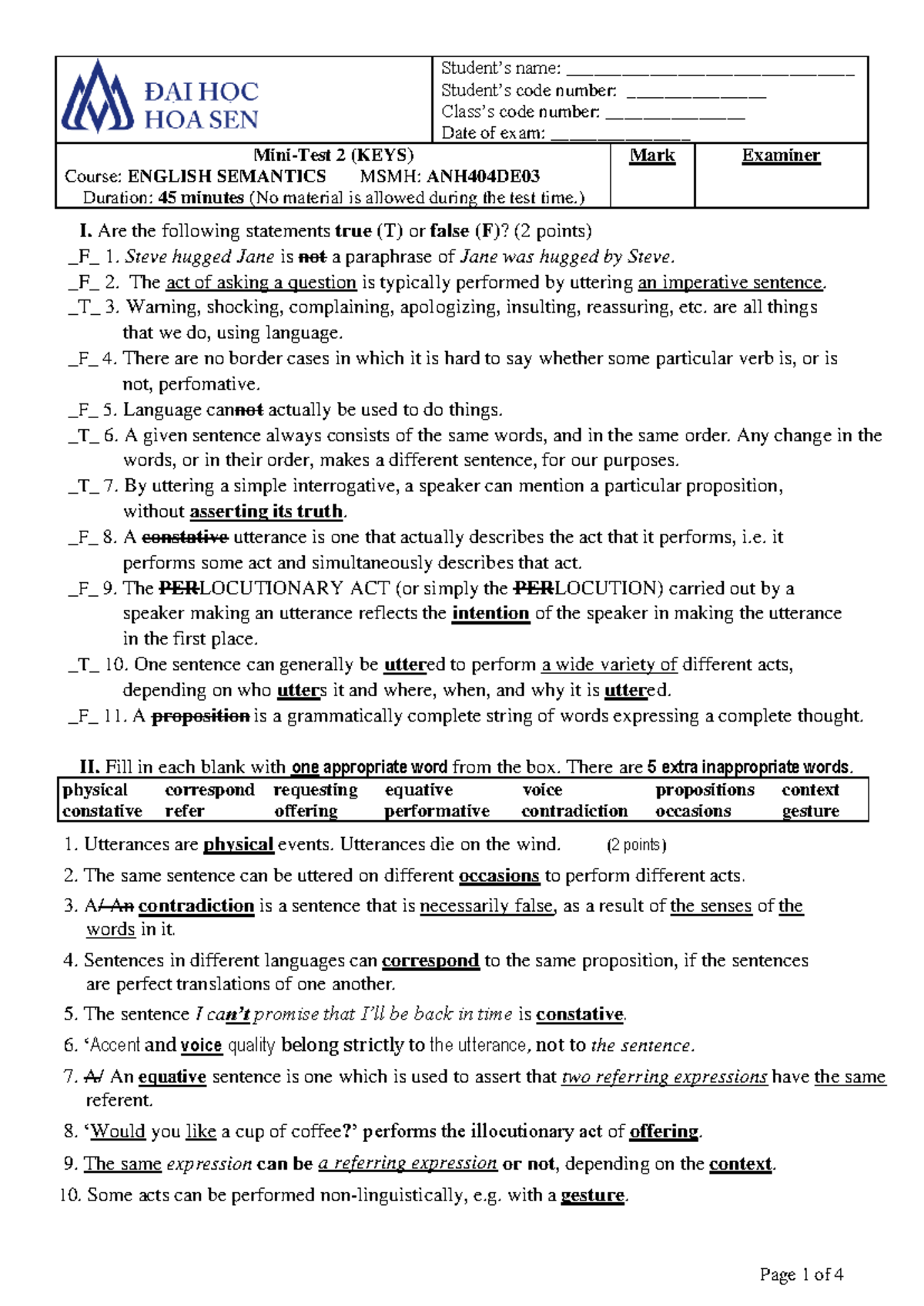 Semantics Minitest 2 (Key) - ANH404DE - Final Exam Preparation Guide ...