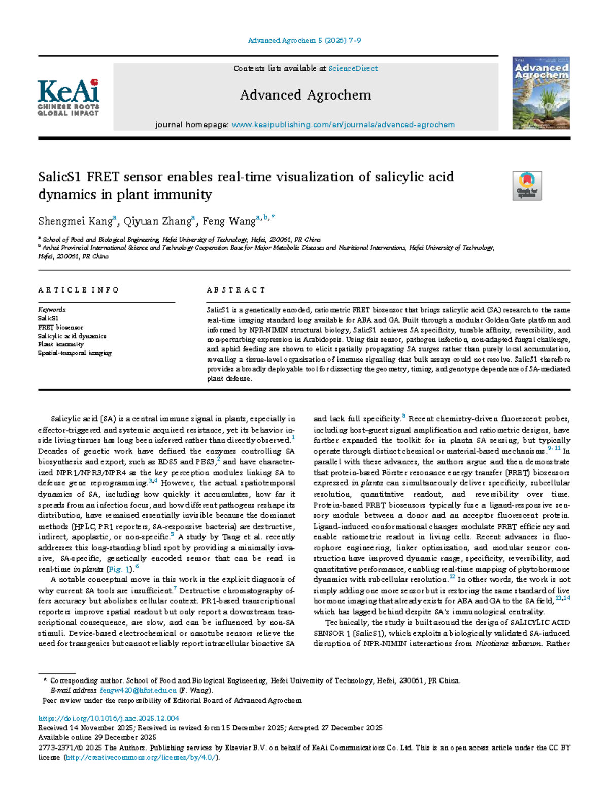 SalicS1 FRET Sensor: Visualizing Salicylic Acid Dynamics in Plant ...