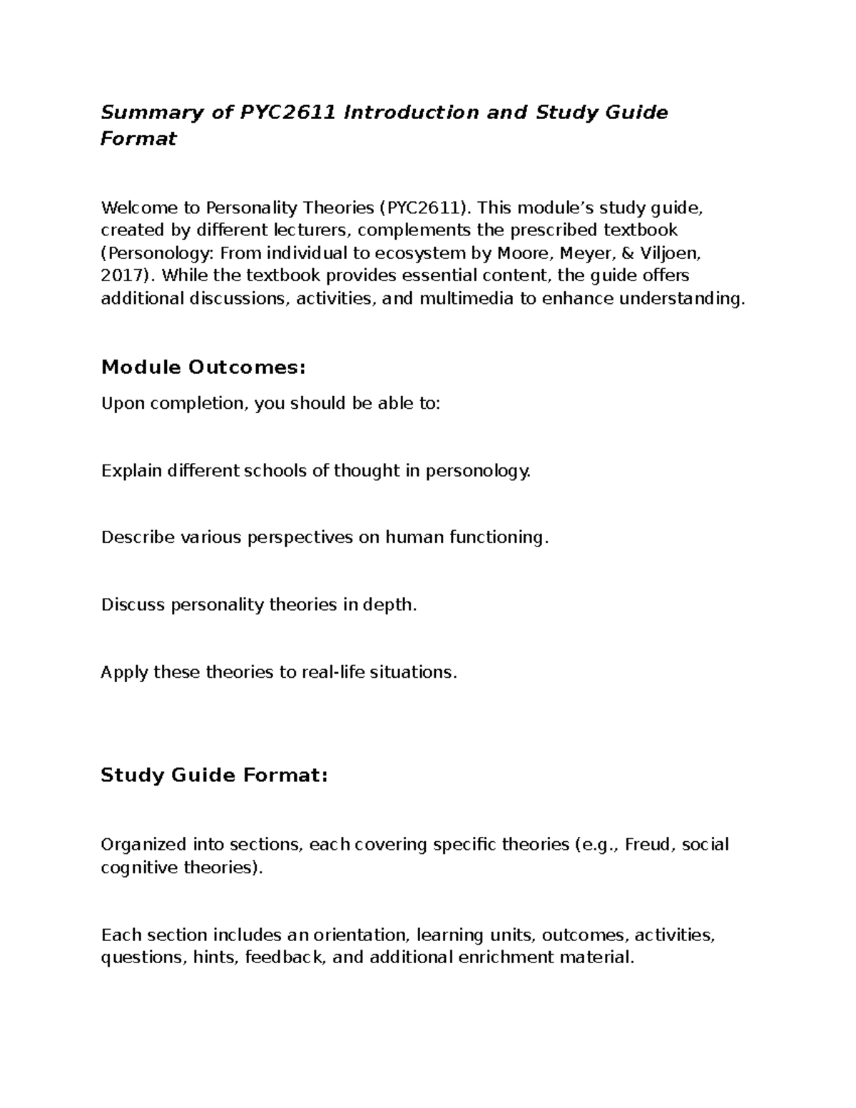 PYC2611 Summary & Study Guide Format for Personality Theories - Studocu