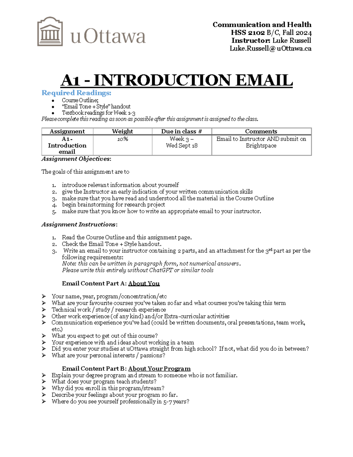 A1 - Intro Email Assignment Guidelines - HSS 2102 B/C, F24 - Studocu