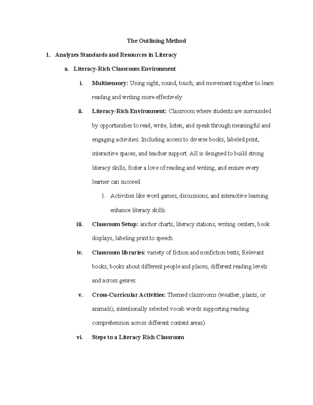 The Outlining Method: Analyzing Literacy Standards and Resources - Studocu