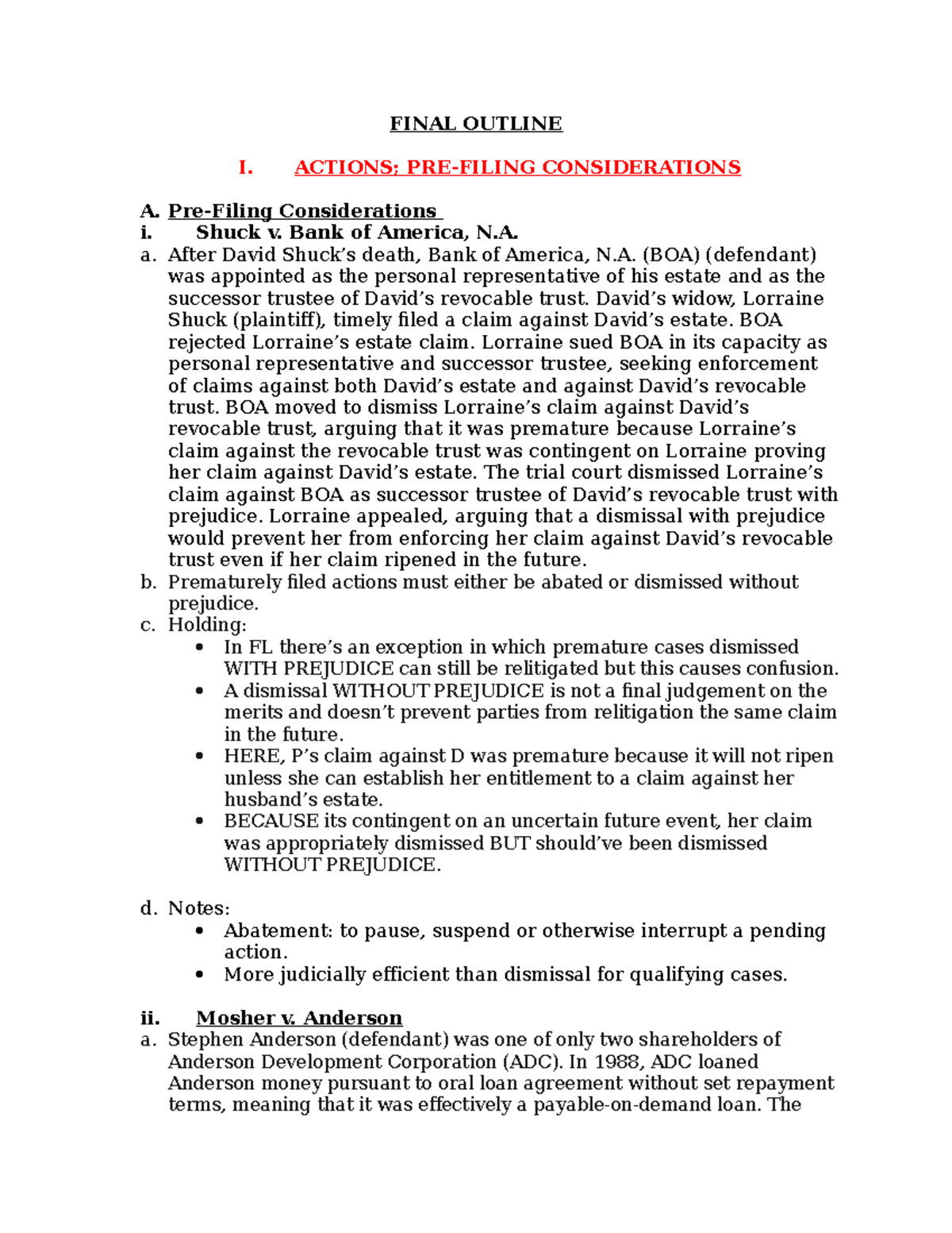 Final Outline for Legal Principles in FL Procedures and Cases - Studocu