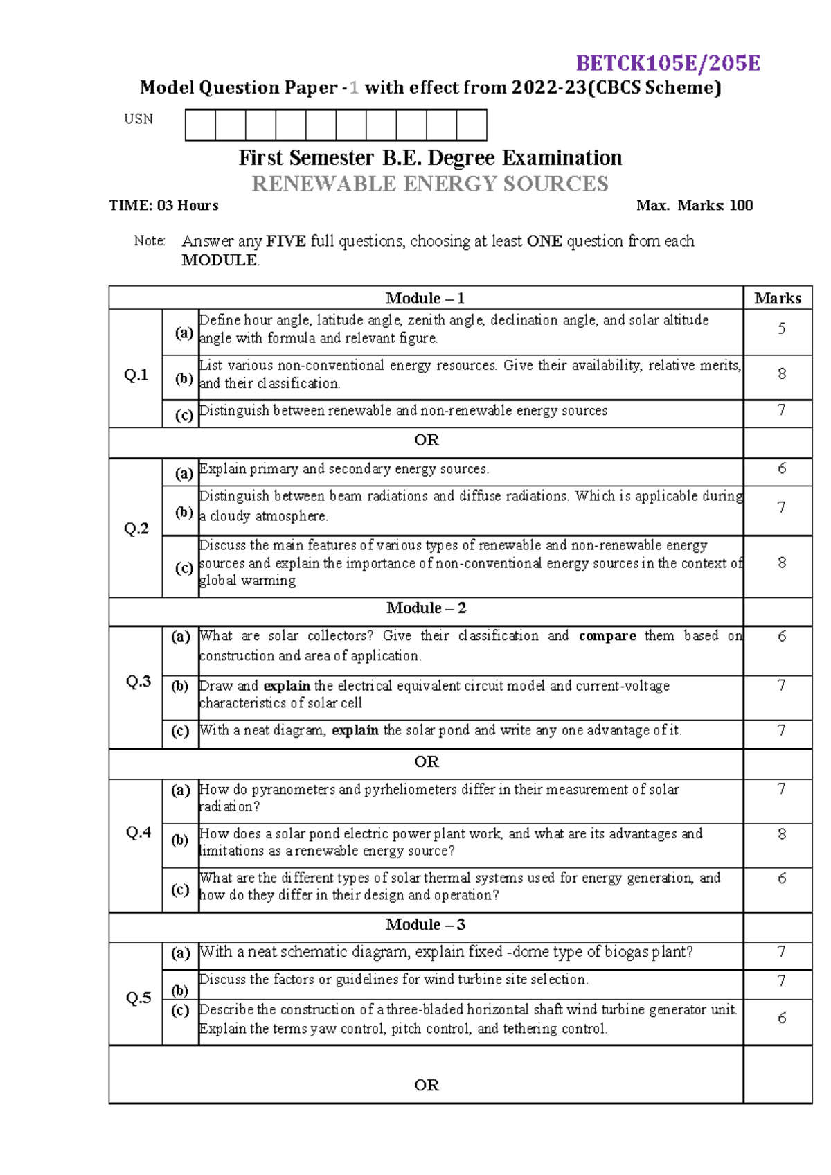 BCEDK 103-203 - Model Question Papers for Renewable Energy Sources ...