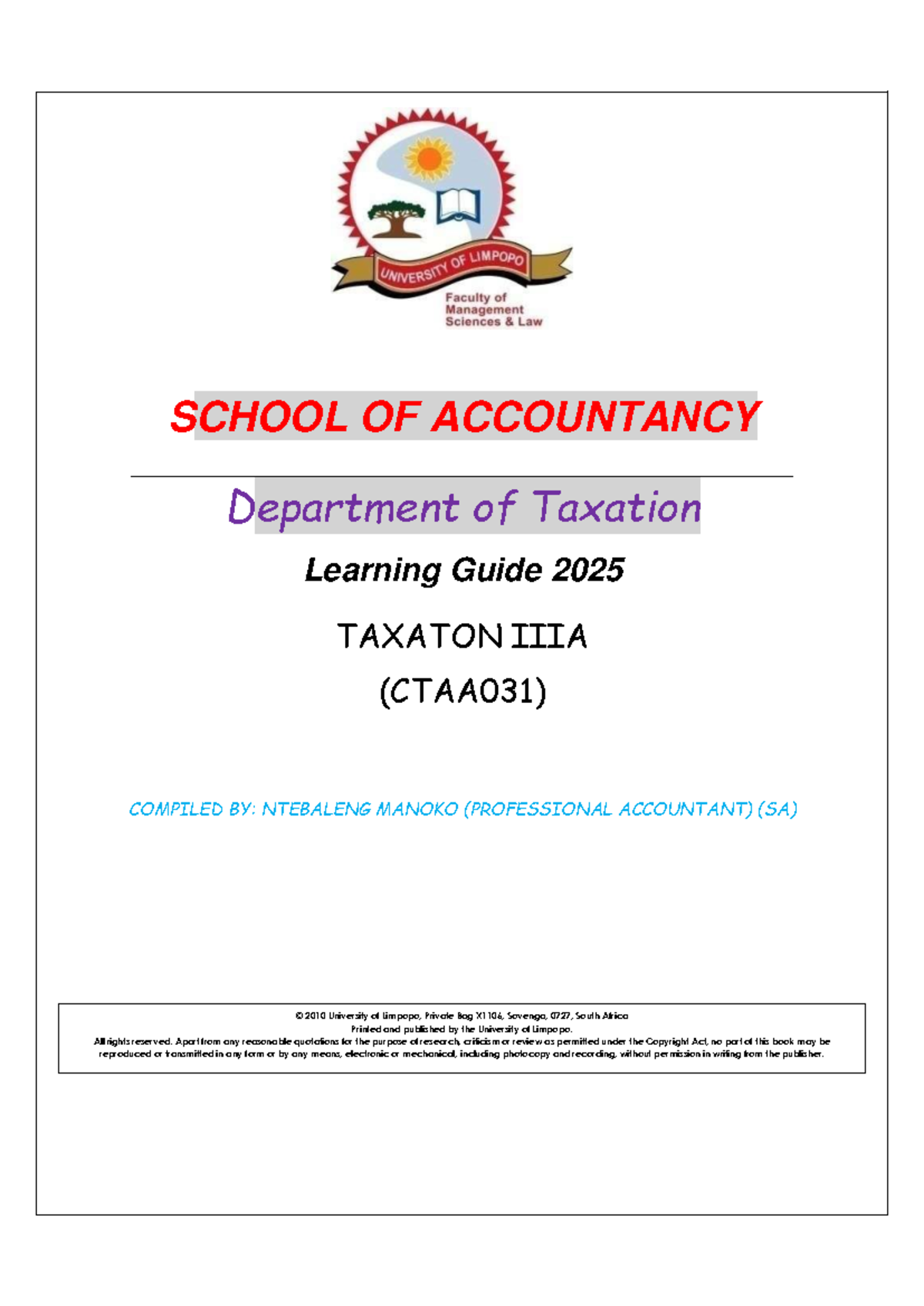 Learning Guide for Taxation IIIA (CTAA031) - 2025 Edition - Studocu