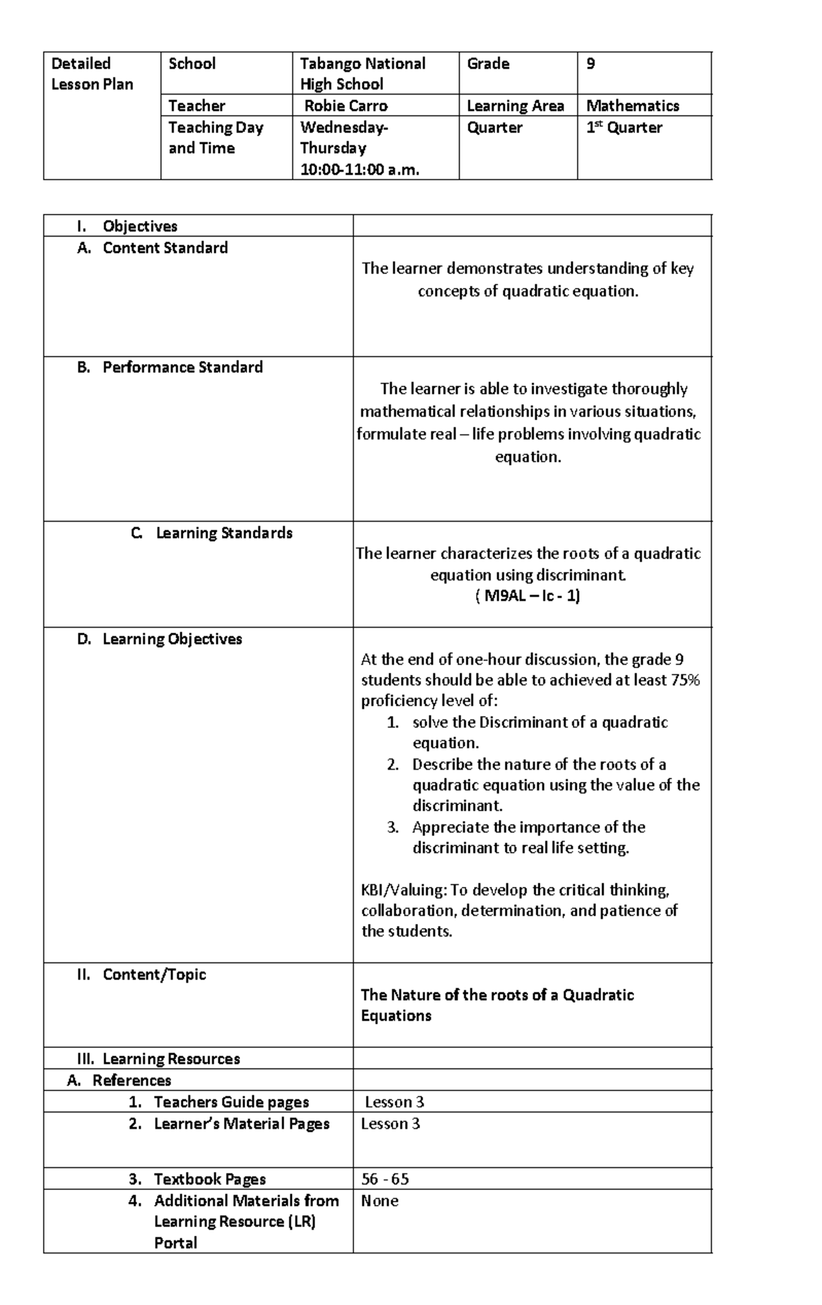 DLP-7ES: Detailed Lesson Plan on Quadratic Equations for Grade 9 - Studocu
