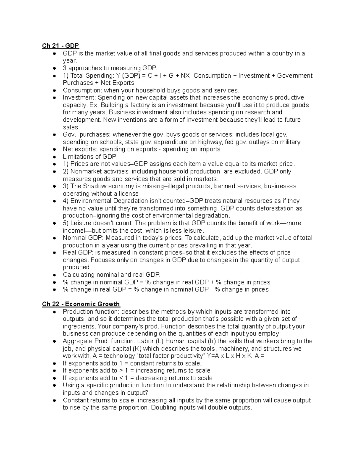 Econ Notes: Chapter 21-22 on GDP & Economic Growth - Studocu